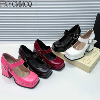FXYCMMCQ / 2022 r., w okresie Wiosenno-letnie nowe damskie buty na wysokim obcasie z kwadratowym czubkiem na grubym obcasie, proste i uniwersalne robocze damskie buty na wysokim obcasie 350 1