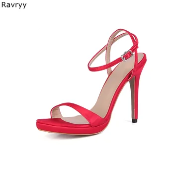 Zwięzły styl kobieta wysoka jakość czerwone sandały pasek kostki ze sprzączką wystrój Sexy ostrym nosem cienkie szpilki kobiet buty, sukienka obcasy