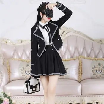 2023 czarny szary krawędź Japonia koreański styl kształtujący strój krótki top z długim rękawem plisowana spódnica zestaw z trzech przedmiotów nowe damskie codzienne jk g867