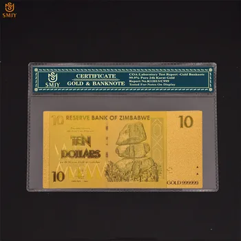Solidny Kolorowy Banknot Zimbabwe ze Złota 10 Dolarów 99% Сусального złota Z Folii, Zbiór Zabawnych Prezentów