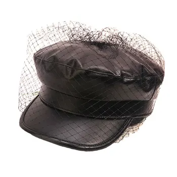 Nowa jesienno-zimowa Skórzana czapka, modny i elegancki netto bierze z płaskim dachem, Ośmioboczna czapka